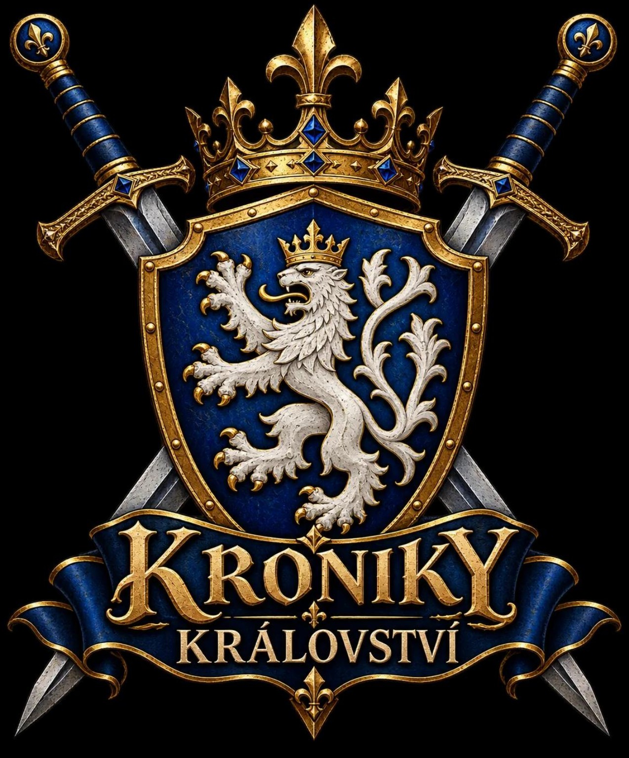 Zlatý nápis Kroniky království na modré stuze